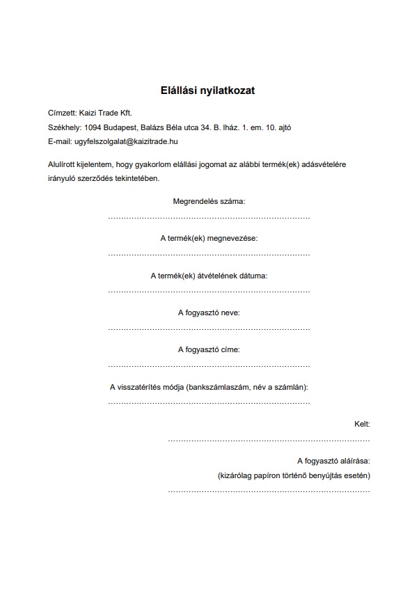 Elállási nyilatkozat